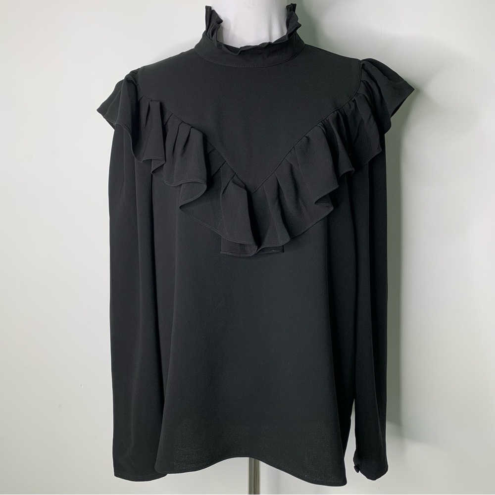 LAFAYETTE 148 Women's Black Long Sleeve High Neck Ruffle Blouse Size Large